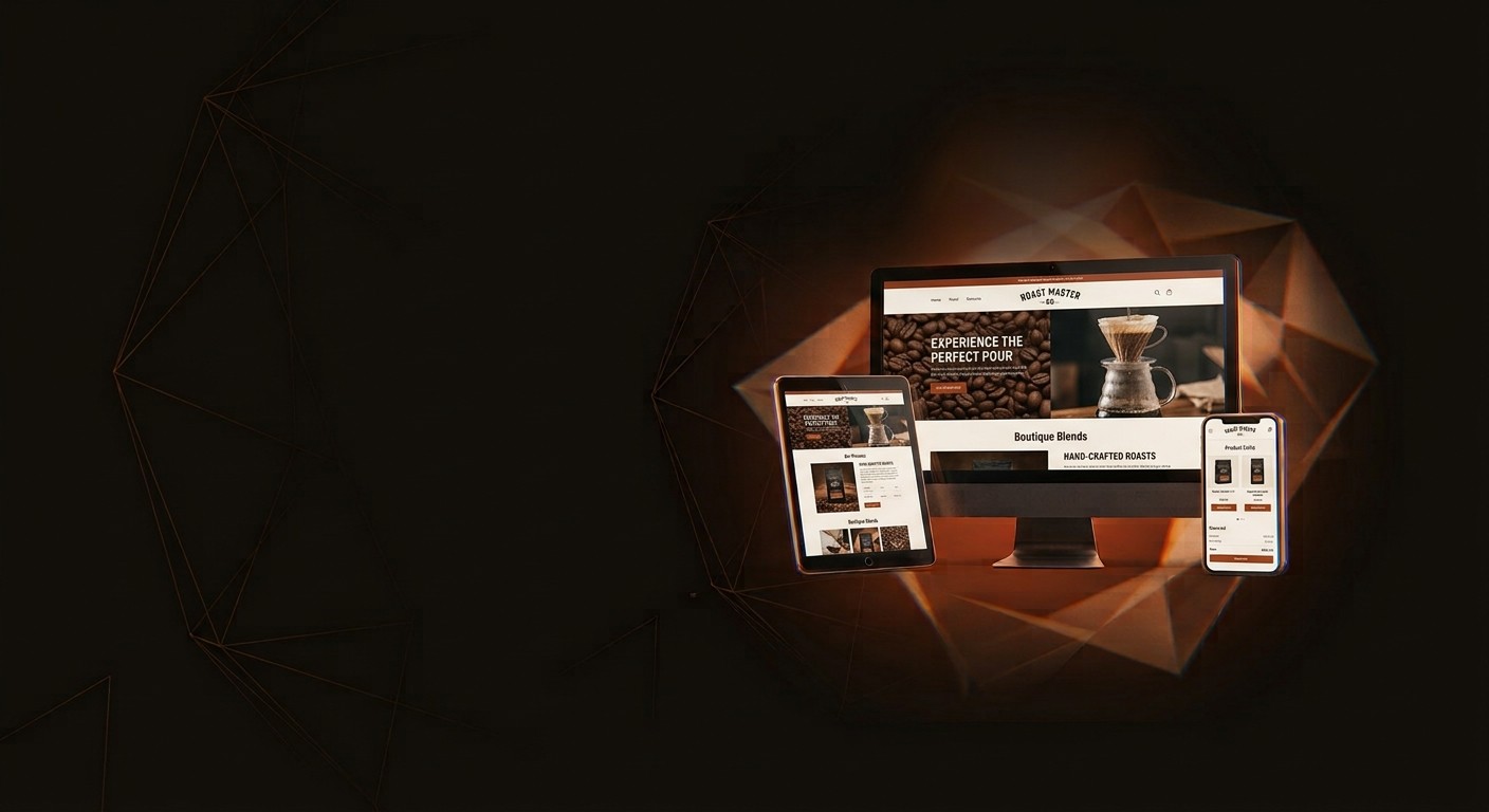 A responsive website mockup shown across a desktop monitor, tablet, and phone