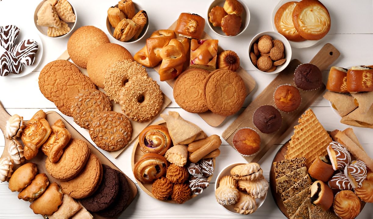This morning's bake: pastries, cookies, and breads on the counter.