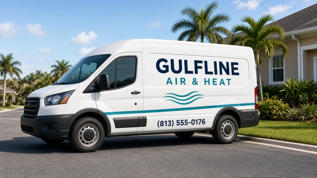 A Gulfline Air & Heat service van parked on a Tampa Bay residential street.