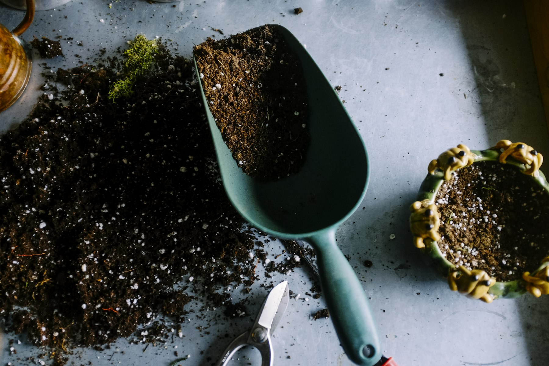 Shears and a soil scoop on a potting bench.